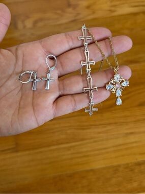 Gold and Silver Cross Pendant Necklace and Earring Set - Women Jewelry